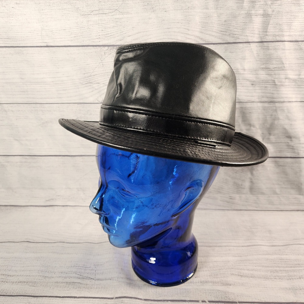 Winner Caps New York Mens Black Leather Fedora Hat Size Medium Made in USA